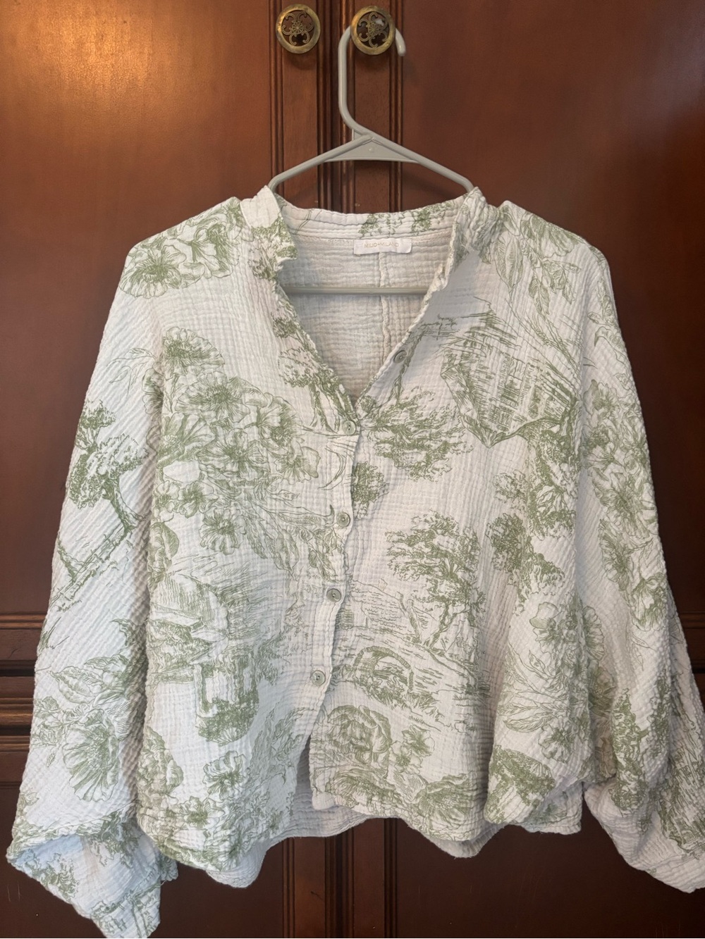 Milio Milano White & Sage Green Toile Print Cotton Gauze Blouse | Small